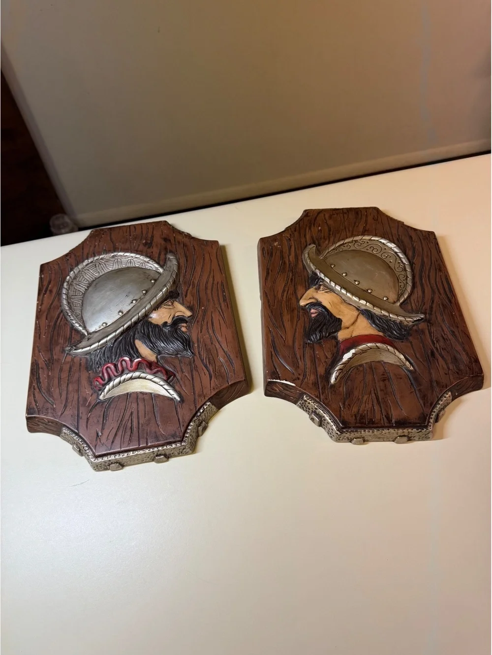 Vintage Pair of Decorative Plaques with Bearded Man in Helmet Design